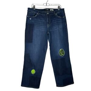 LOGO Lori Goldstein Smiley World Raw Hem Embroidered Denim Blue Jeans size 16